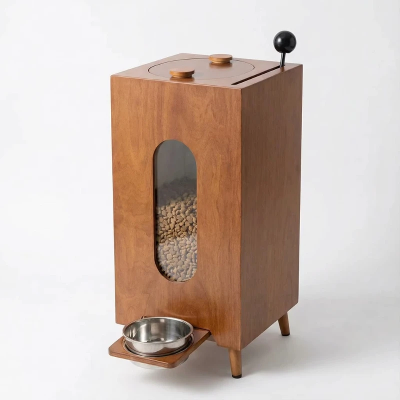 Wholesale Walnut Pet Feeder | High Capacity Gravity Food Dispenser | Manual Portion Control for Cats and Dogs