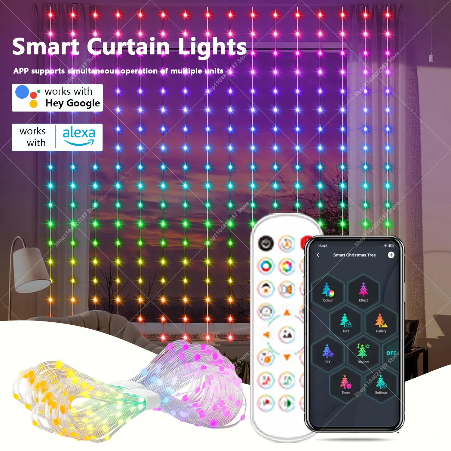 400-1200LED Smart Curtain Light Bluetooth Application LED Light String RGB IC Fairy Light String DIY Music Change Display