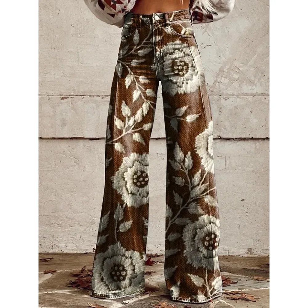Damen Boho Blumenmuster High-Waist Weite Hose Retro Y2K Western Lässige Loose-Fit Hose mit Taschen Sexy Mädchenhafte Streetwear – Detail 17