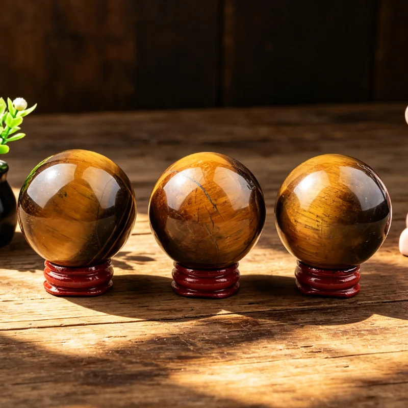 1PC Natural Tigers Eye Crystal Ball with Wooden Base Reiki Healing Stone Sphere Home Decor Ornament view 3