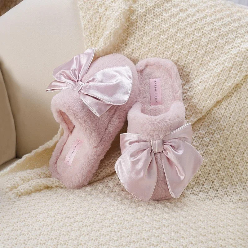 

Women's Thick-Soled Furry Slippers with Big Bow for Indoor Home Use in Autumn and Winter High-End Furry Home Cotton Slippers