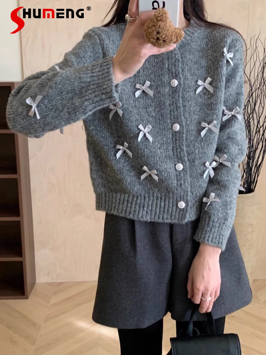 

Fashion 2023 Autumn Winter Bowknow Knitted Sweater Top Short Cardigan Sweater Long Sleeve Loose Comfort Single Breasted Knitwear