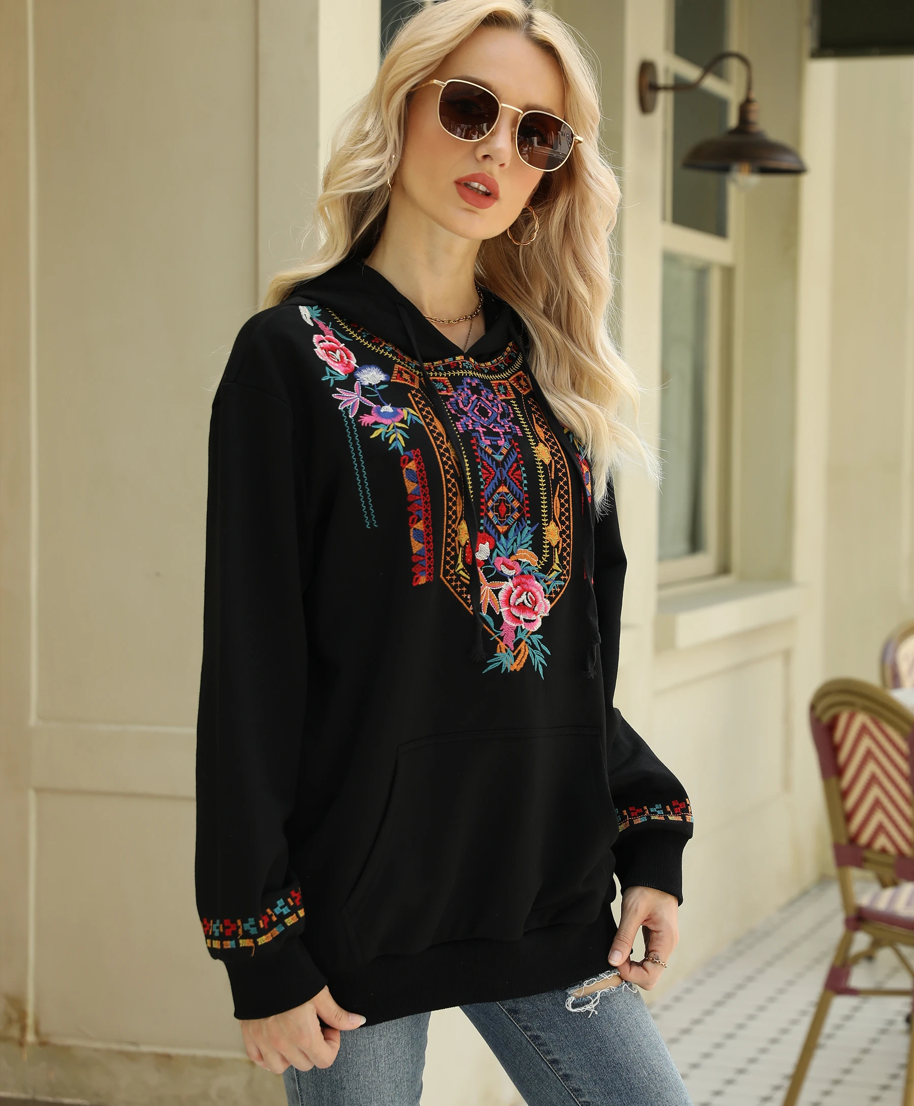 TEELYNN Long Sleeve Knit Sweatshirts for Women tops Casual Pullover Jumper Spring/Autumn 2023 Boho Floral Embroidery Hoodies