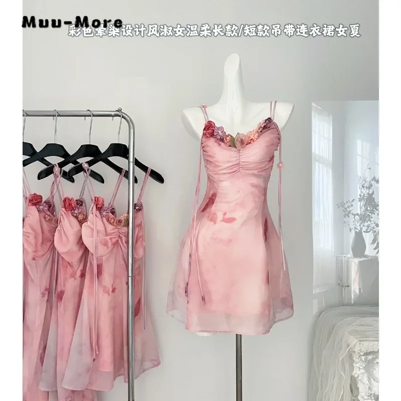 

2024 Autumn Chic Sweet Style 3D Floral Suspender Midi Dresses Women's Fairy Sleeveless Chiffon Sexy Lace-up Pink Elegant Dress