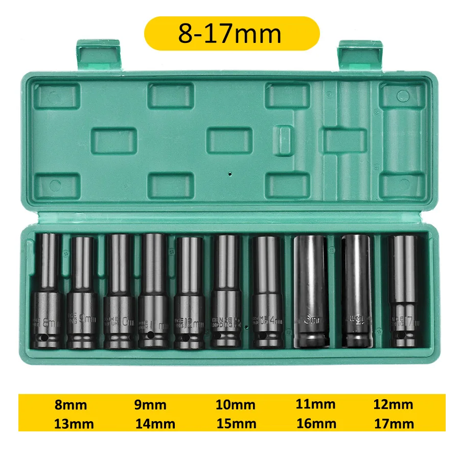 10-teiliger 1/2-Zoll-Steckschlüsselsatz mit 6-Kant-Antrieb, metrische Größen 8-24mm/10-24mm, Schlagschraubersatz aus Kohlenstoffstahl mit Hartschalenkoffer – Detail 1