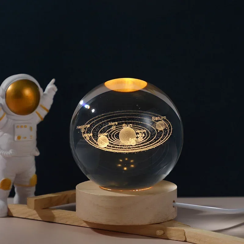 6cm 3D Crystal Ball LED Night Light 2025 Astronomy Solar System Planets Moon Astronaut Glass Ball Home Desktop Decor Ornament