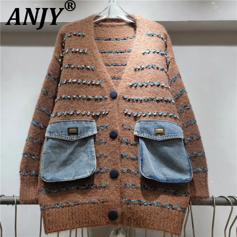 

ANJY Autumn New Women Heavy Embellished Diamond Denim Patchwork Knitted Cardigan Color-Block Lazy Style Versatile Sweater A12354