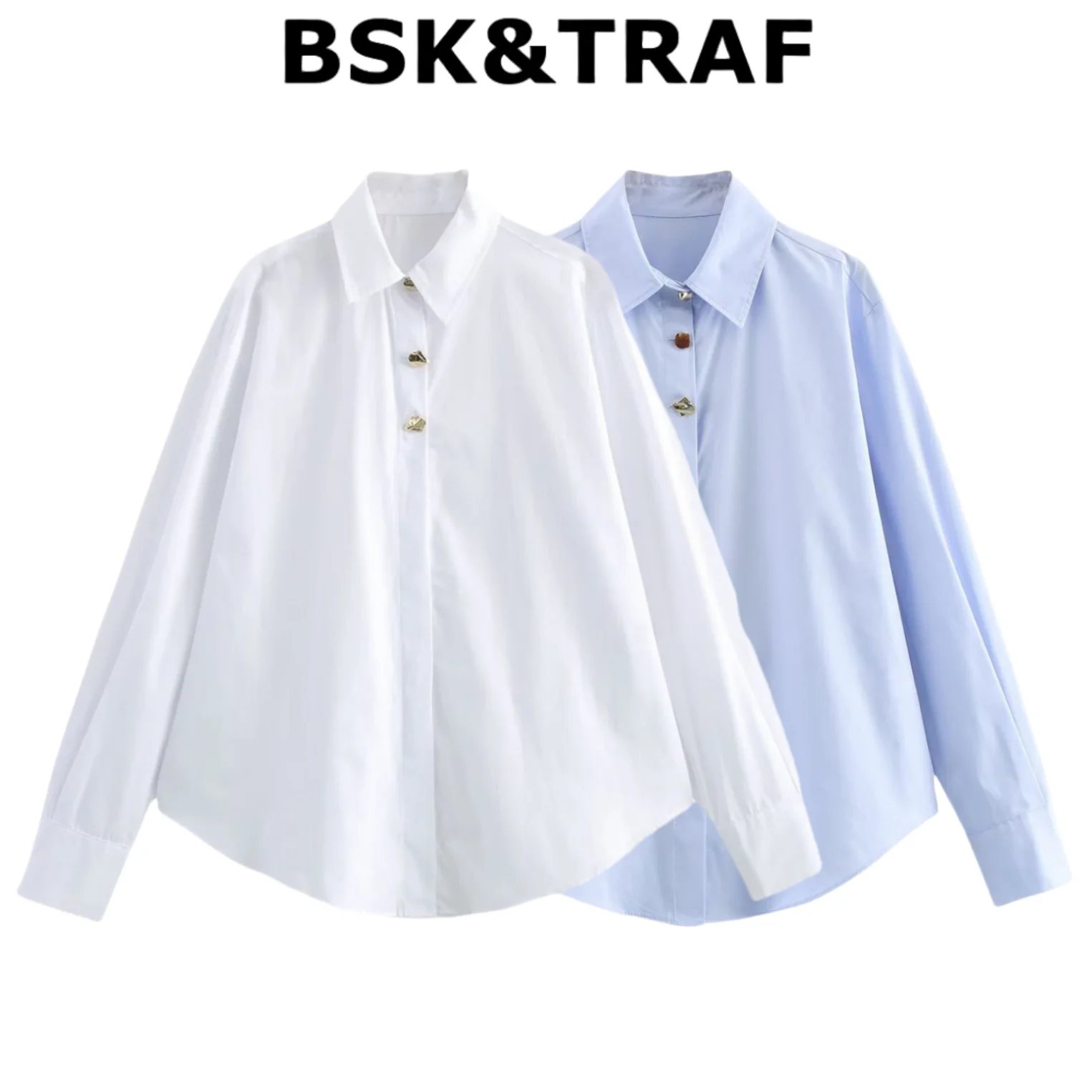 

BSK&TRAF2024 Spring New Women's Casual Fashion Button Decoration Solid Color Long Sleeve Collar Simple Shirt