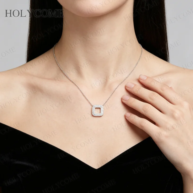 Moissanit-Anhänger-Halskette, Damenmode, minimalistisch, 925er Sterlingsilber, Diamant, geometrische Form, leichter Luxusschmuck – Detail 9