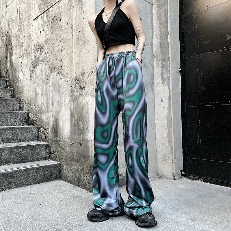 Pantalones rectos de cintura alta para mujer, pantalón de Cachemira con contraste de Graffiti, ropa estética grunge, y2k, harajuku callejero, 2024