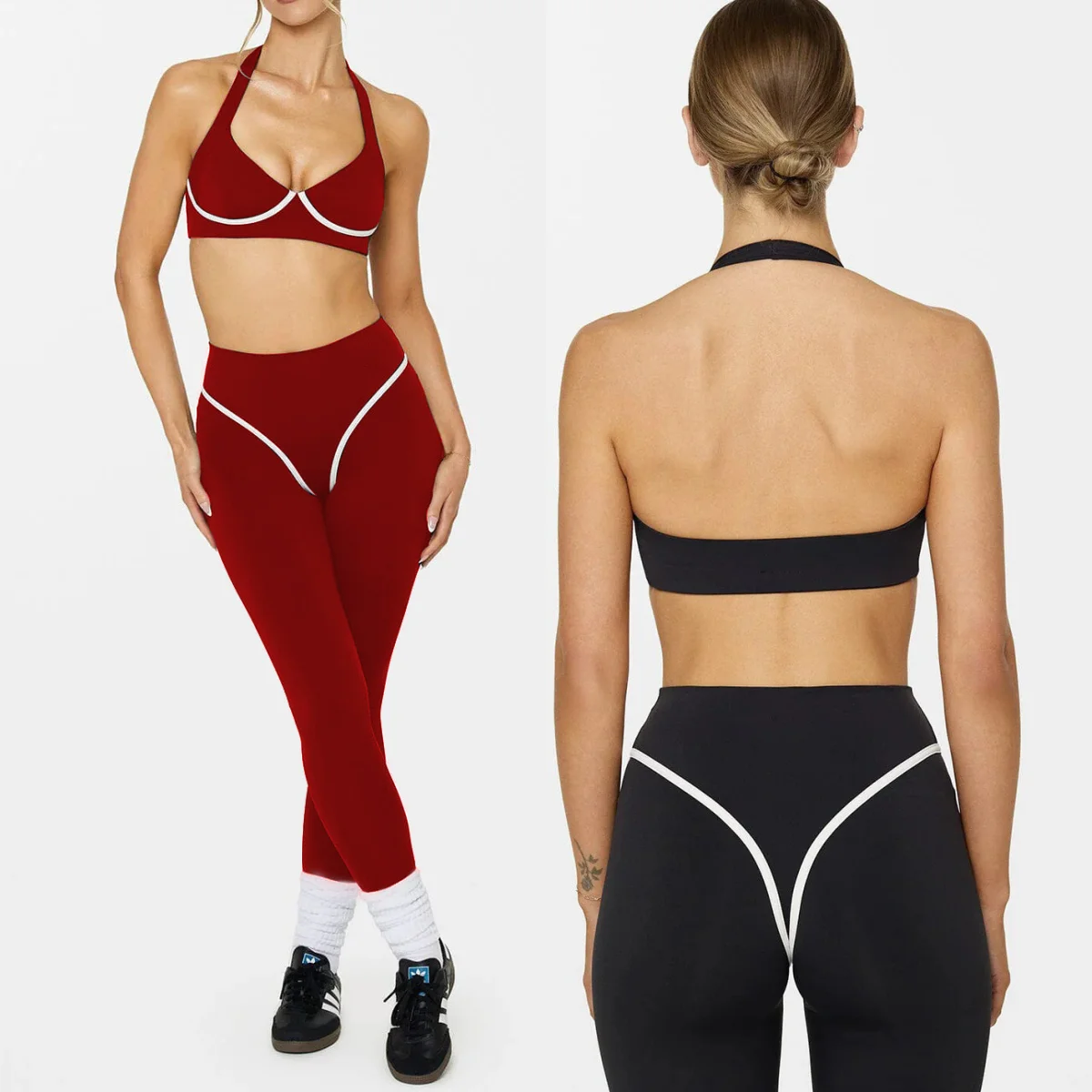 2 Piece Women's Yoga Set Workout Suit Halter Sports Bra High Waist Legging Fitness Pants Gym Set Contrast Color Running Outfit