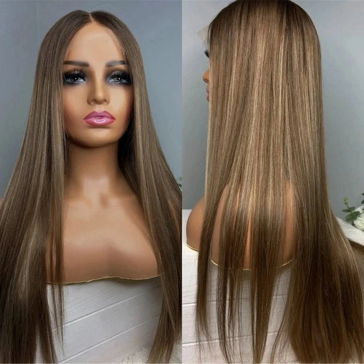 

Длинные прямые парики, мягкие, плотность 180%, карамельно-коричневый омбре, синтетические парики с кружевной передней частью, женские, реалистичный вид, термостойкое волокно