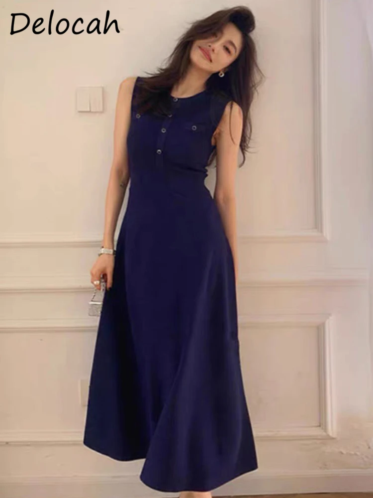 

Delocah High Quality Summer Women Fashion Designer A-Line Dress Single Breasted Blue Solid Color Knitting Big Swing Midi Dresses