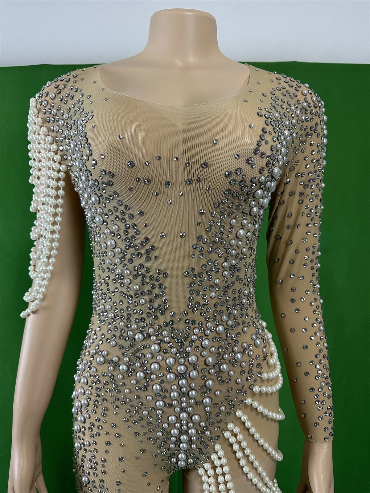 

Women Sexy See Through Rhinestone Pearl Single Shoulder DJ DS Gogo Queen Jumpsuits Rave Festival Sparkly Costume 2025 Newyear