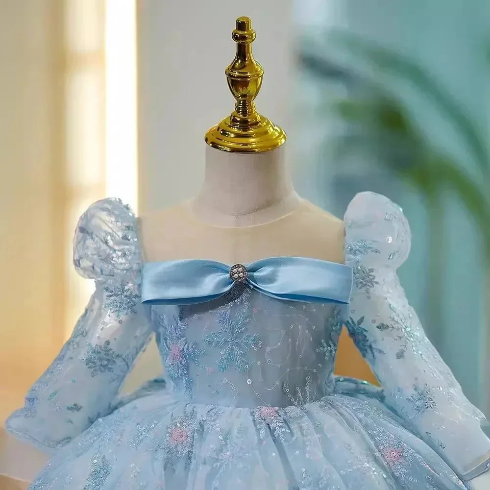 Custom Luxury Dress Flower Girl Wedding Pageant Pale Blue Long Sleeve Bow Snowflake Tulle Kid Luxe Birthday Guest Formal Gown