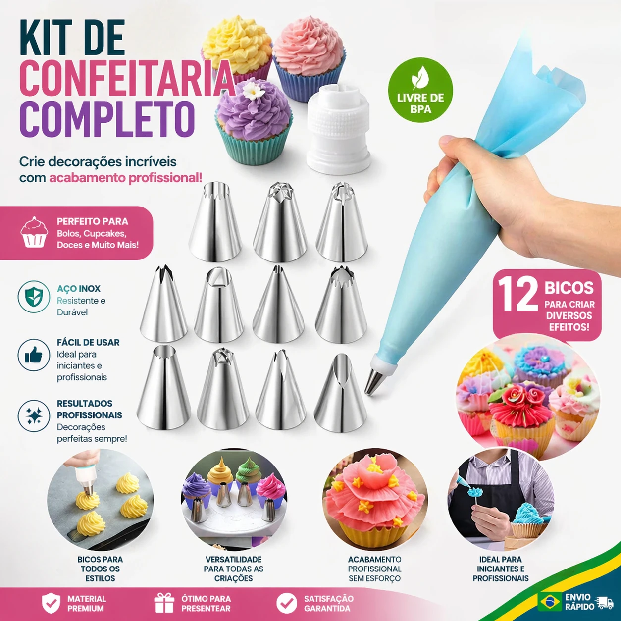 Kit Confeiteiro Completo 24 Pecas com Sacos Reutilizaveis e Acessorios Profissionais para Decoracao de Bolos e Cupcakes