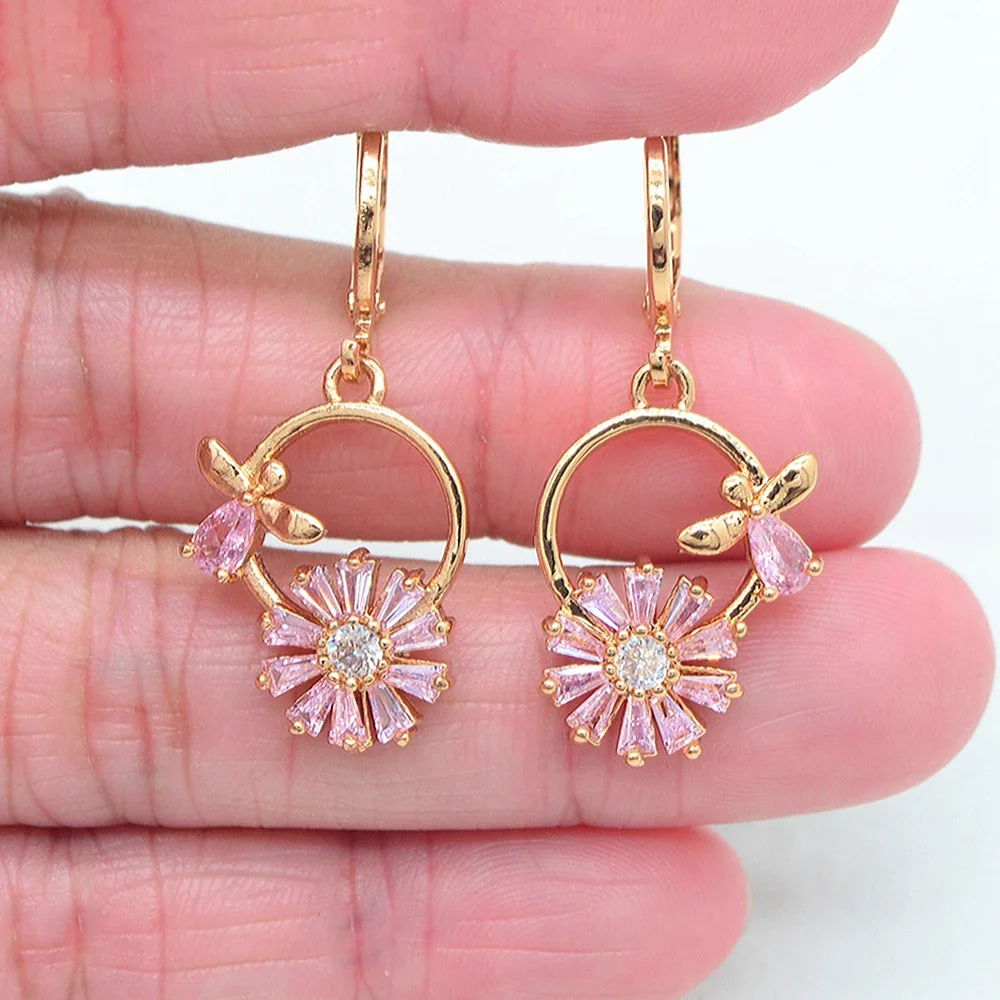 Gold Color Women Lovely Pink Zircon CZ Round Bowknot Dangle Earrings Jewelry
