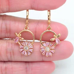 Gold Color Women Lovely Pink Zircon CZ Round Bowknot Dangle Earrings Jewelry
