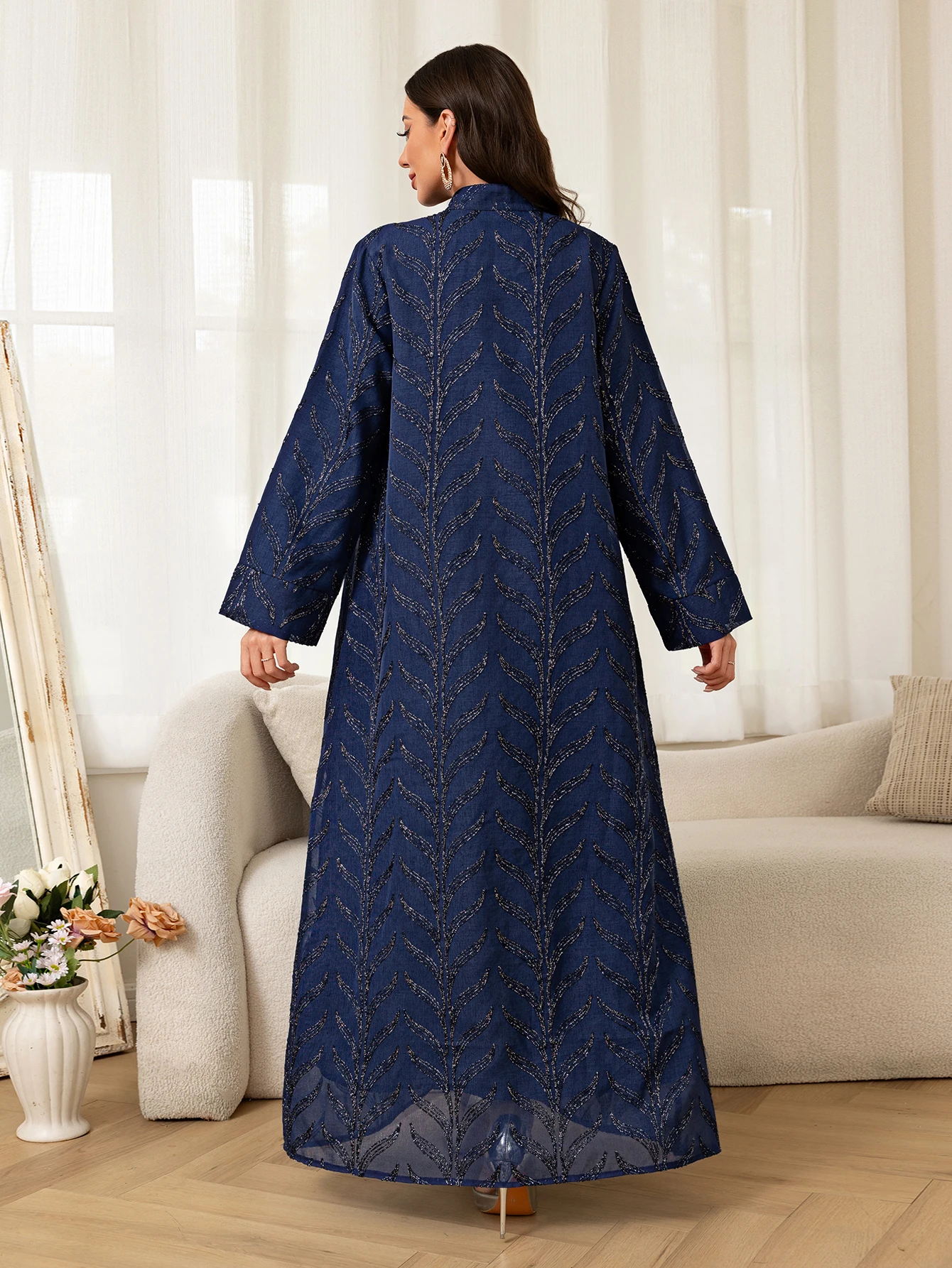 Islamic Blue Abaya for Women black leaf and a decorative tassel Suited for Ramadan activities formal Middle East religious event