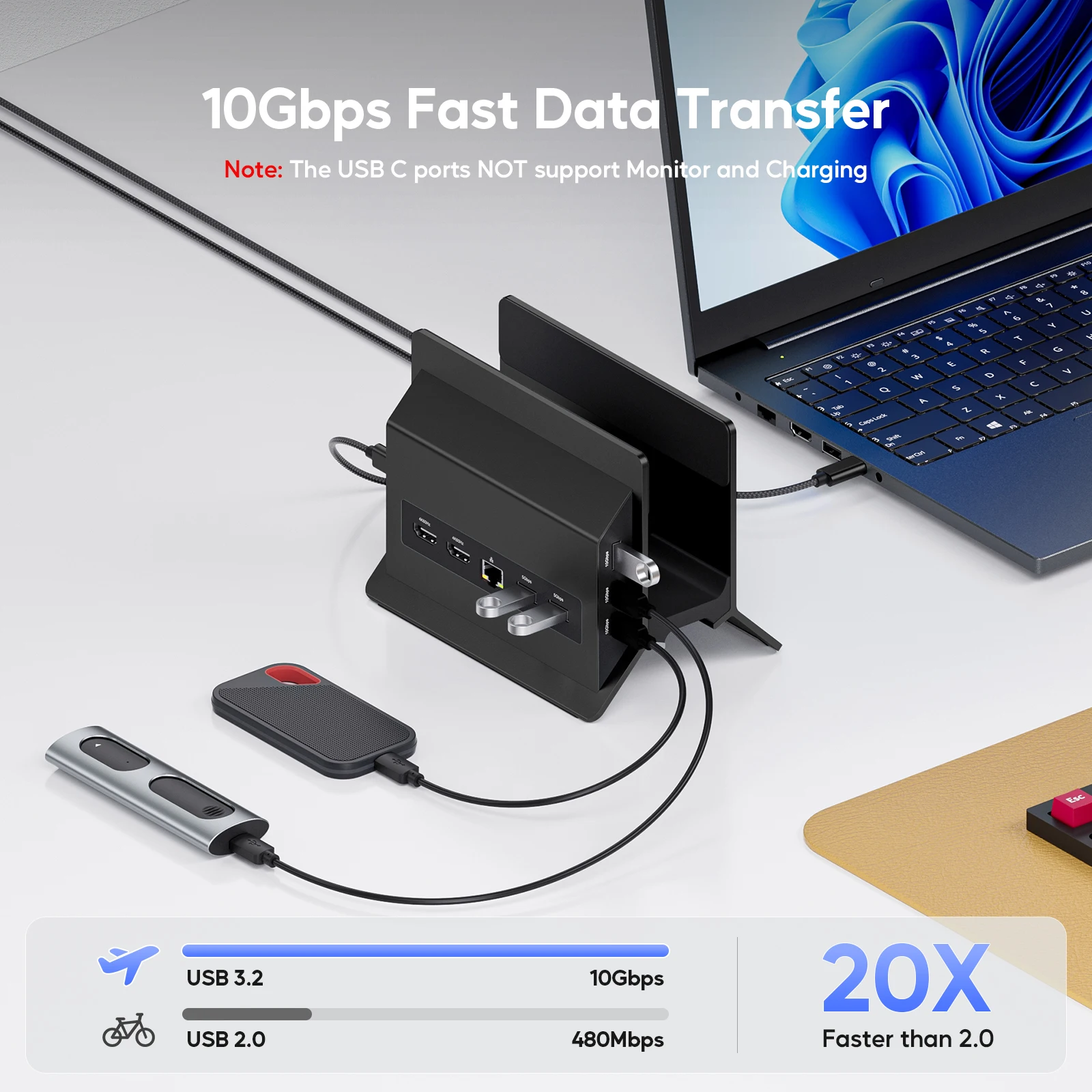 Stacja dokująca PULWTOP USB C z podwójnym monitorem do laptopów typu C, z HDMI 4K@60Hz, USB A/C 10Gbps, Ethernet, USB A 2.0, PD-czarny