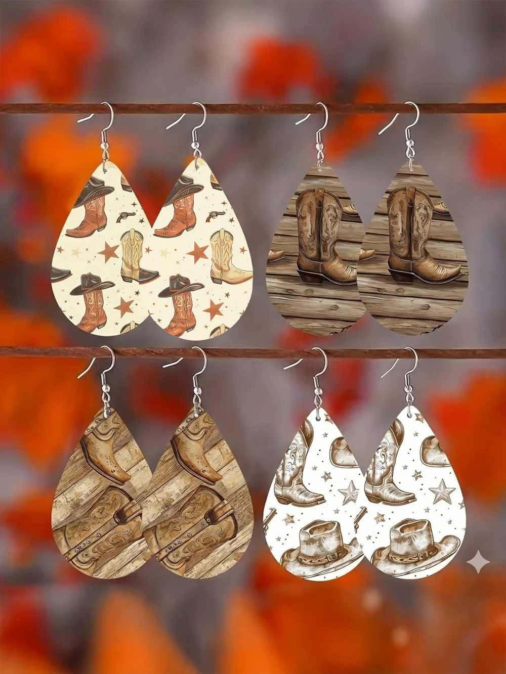 4 Paar/Set, einseitig bedrucktes Damen-Ohrring-Set mit modischem Anhänger, Western-Cowboystiefel und Hut, Pentagramm-Druck, Wassertropfen, geometrische Holzohrringe im westlichen Stil,