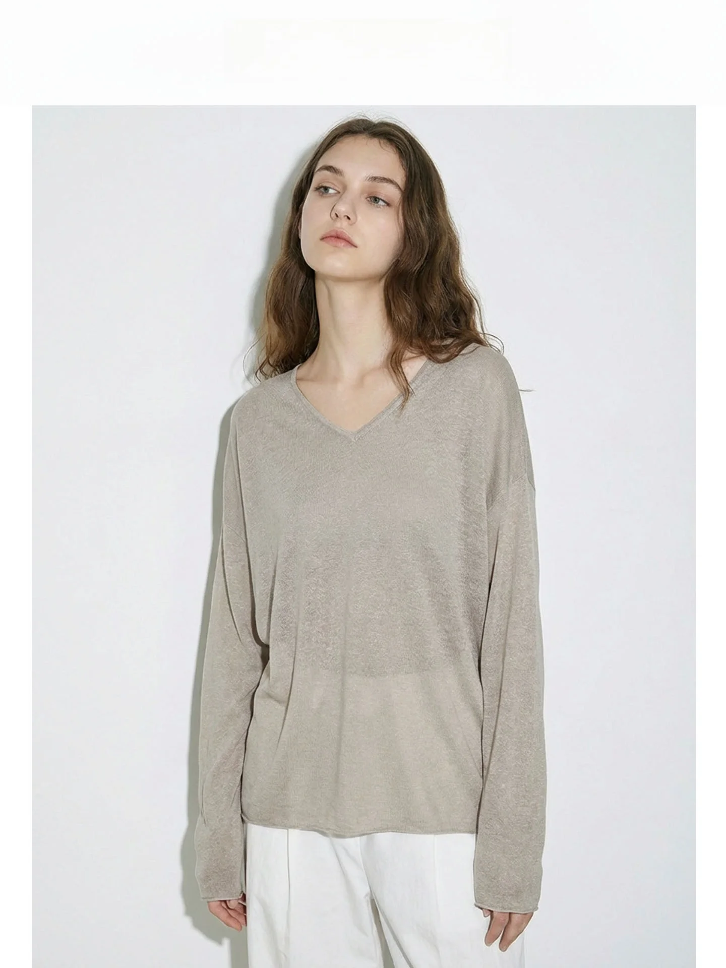 

Льняной вязаный топ свободного кроя с длинными рукавами и V-образным вырезом для женщин, легкий, летний, с защитой от солнца, повседневная одежда