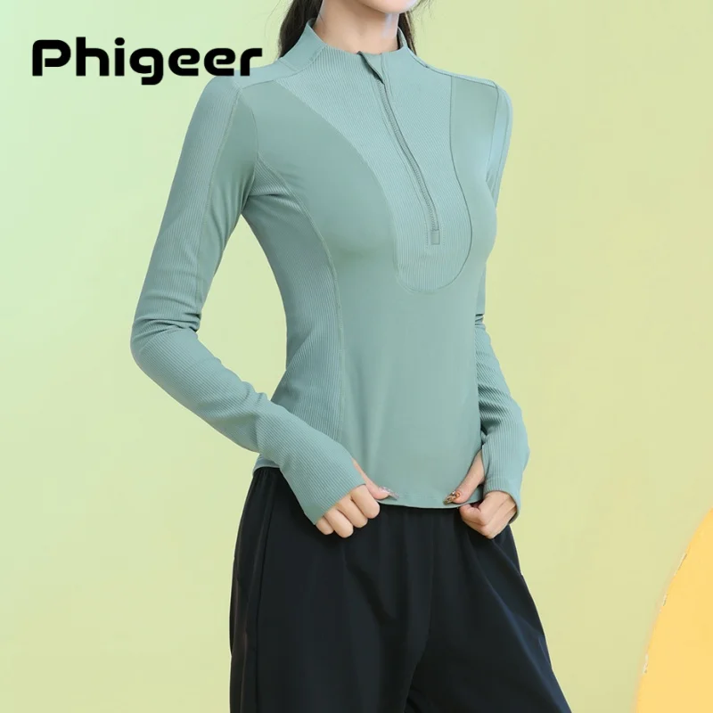 PHIGEER Ribbed Slim Fit Yoga Jacket Full Zip UP Workout Athletic Cropped Jackets Women Long Sleeve Running Shirts Sportswear New