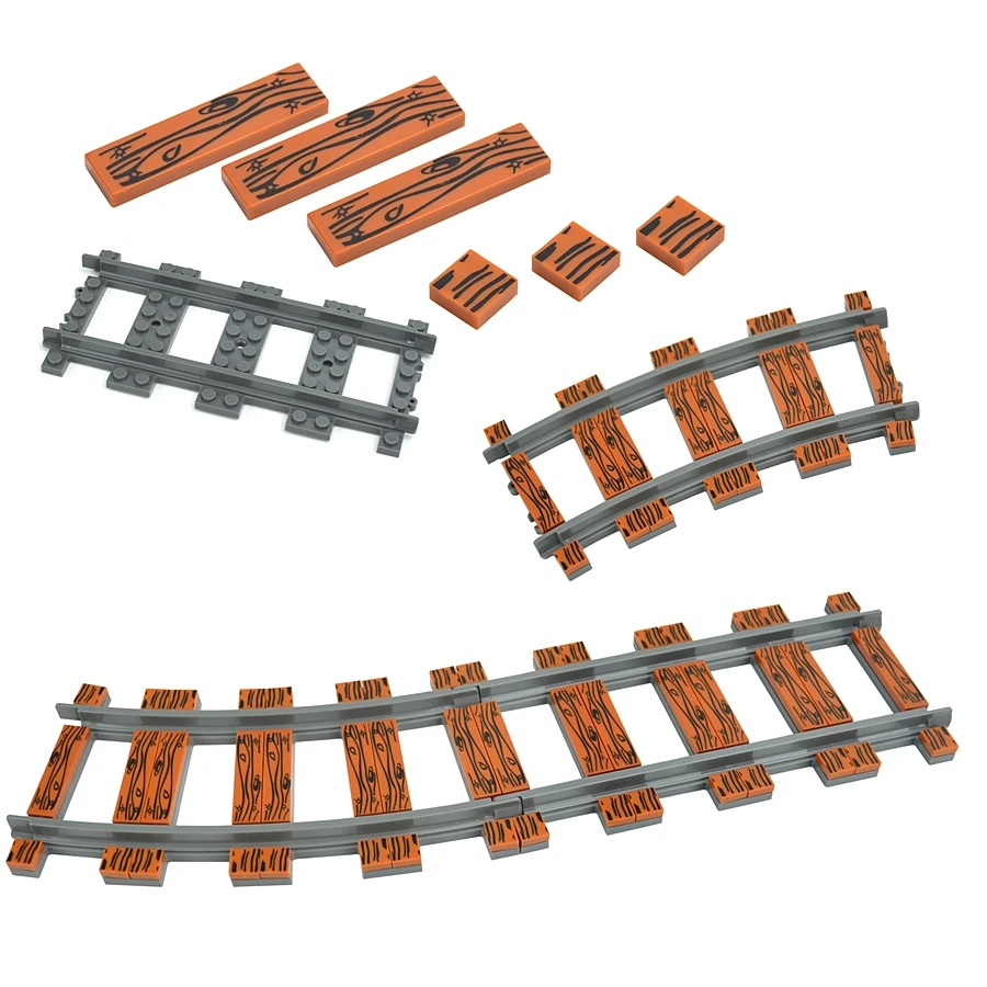 1X1 1X4 Wood Texture Trains Track Rail Decorate Straight Curved With Smooth Bricks Assembled Rails Building Block Model City Toy