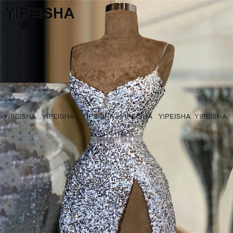 Yipeisha Glitter Silber Pailletten Ballkleid High Split Abendkleid Spaghetti träger Geburtstags feier Kleider Meerjungfrau Robe de Soiree