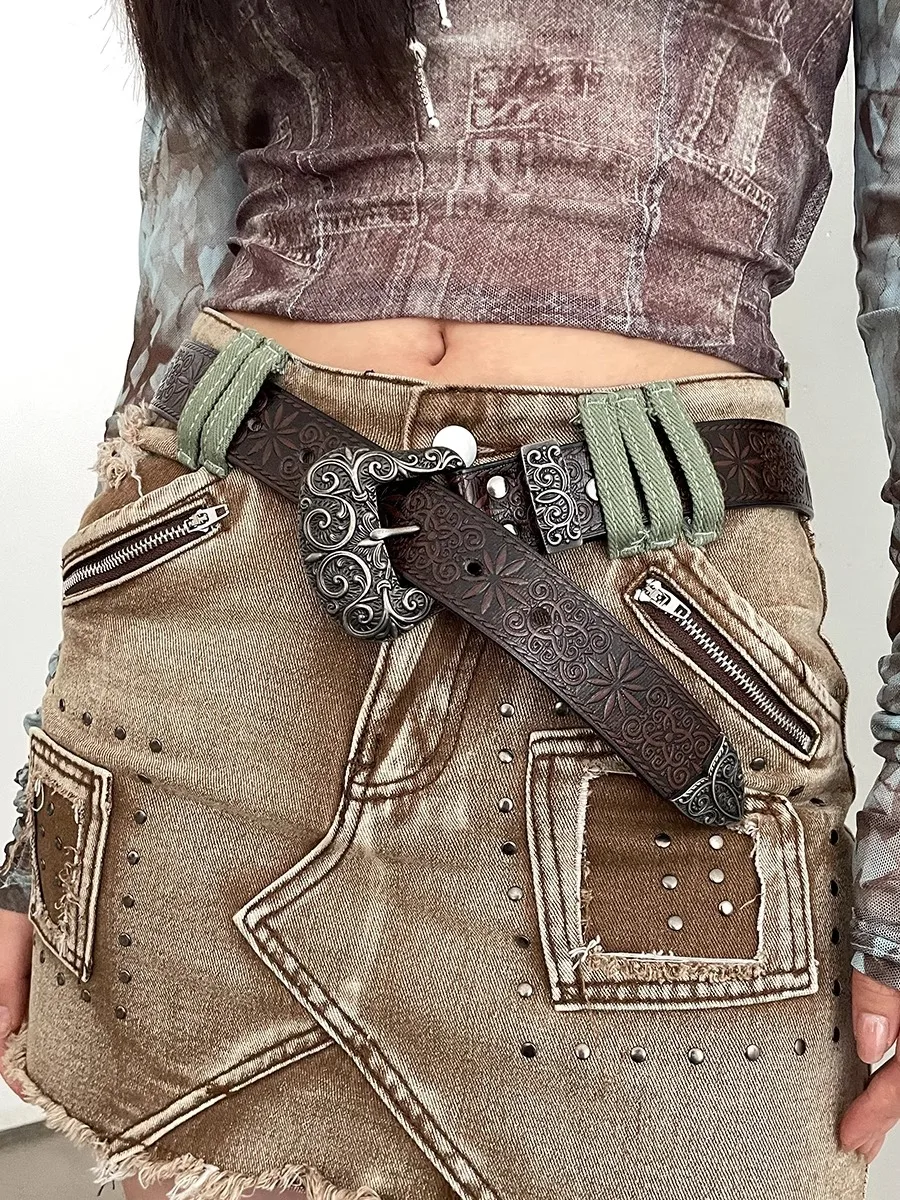 

Женский американский винтажный ремень 2025, новые коричневые джинсы с украшением, корейская версия, универсальный ремень