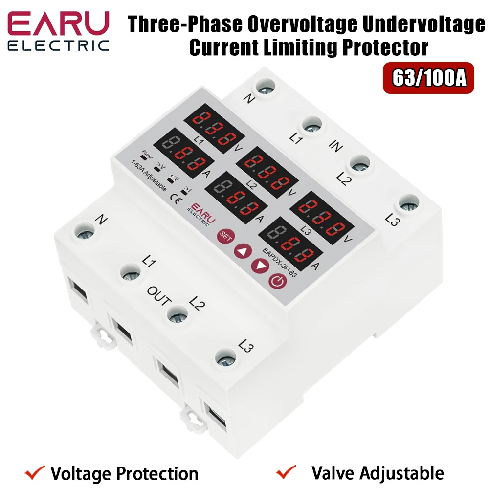 63A 100A Three Phase Adjustable Over and Under Voltage Protector Relay With Current Protection with Automatic Reset Function