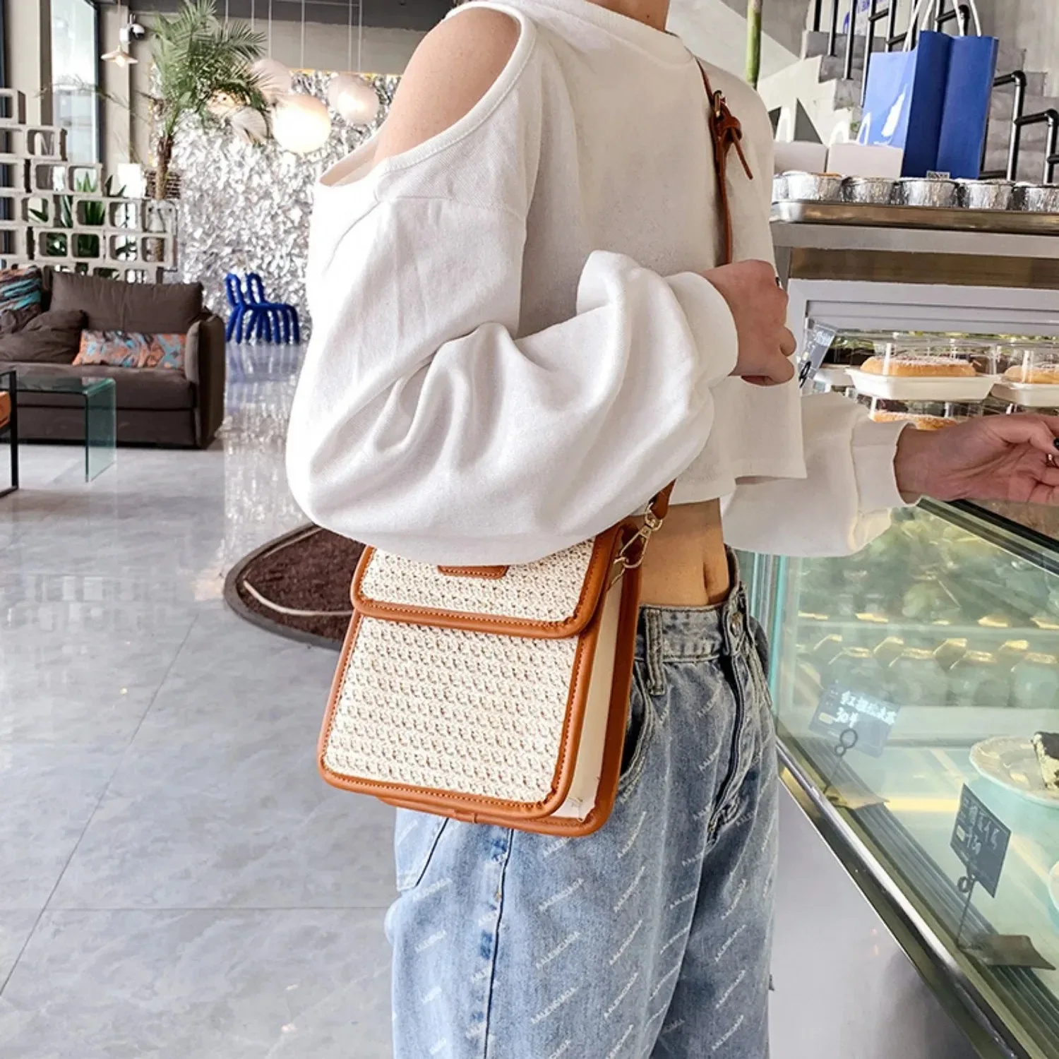 2024 Models Summer New Simple Design Woven Small Square Bag Ethnic Wind Single Shoulder Crossbody Women\'s Bag Korean Ins Handbag