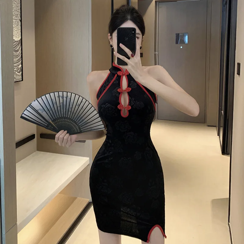 2024 Eropa dan Amerika rok Jumpsuit Cheongsam ketat belah beludru tanpa lengan Retro