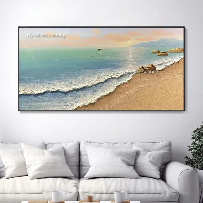 Beach Landscape Canvas Wall Art Summer Seaside Sea Wave Oil Painting Handmade Modern Art For Room Decor Frameless As Best Gift