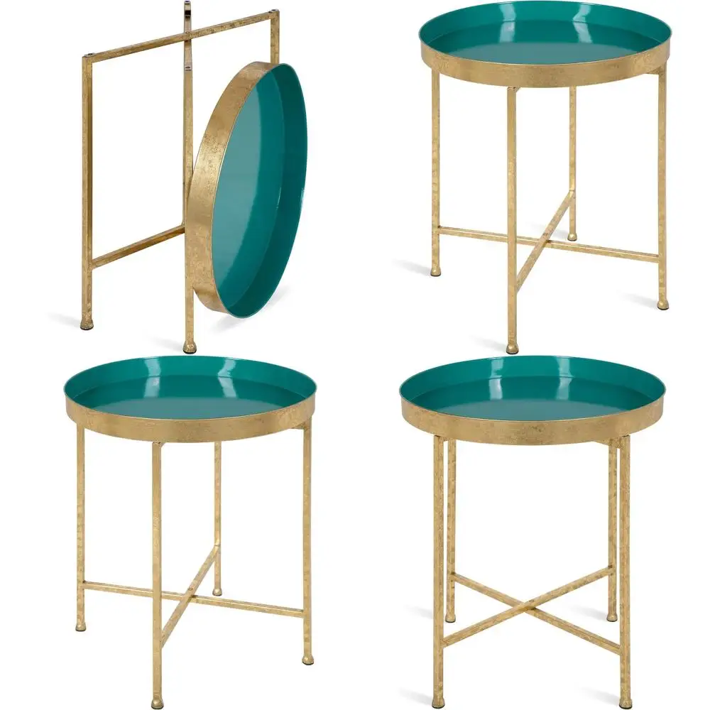 

Складной круглый приставной столик, 18,25 x 18,25 x 22 дюйма, бирюзовый и золотой, современный минималистичный стиль, съемная магнитная столешница