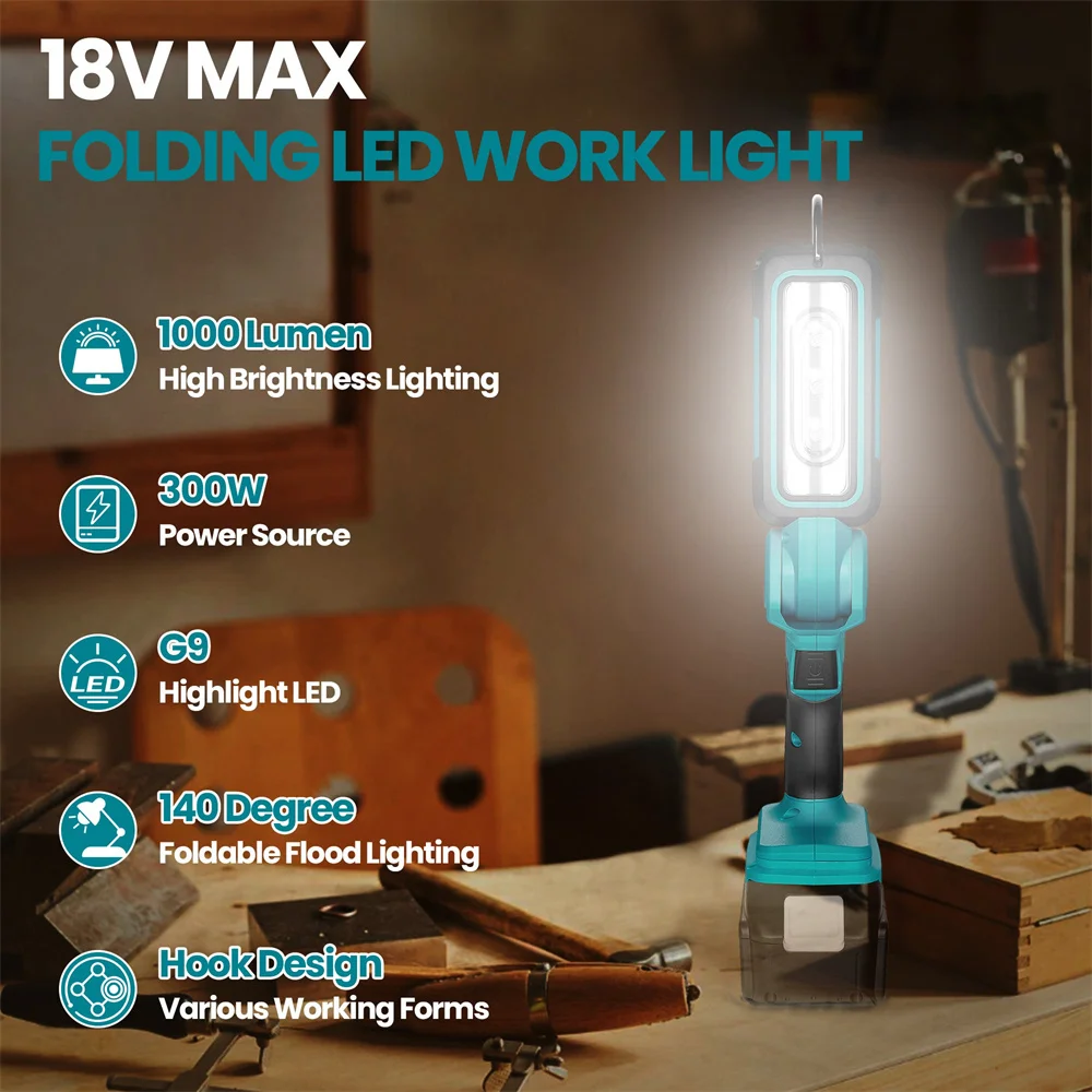 Draadloze LED-werklamp 1000 lumen Twee niveaus Laagspanningsbeveiliging 140 graden verstelbare handlamp voor Makita 18V batterij