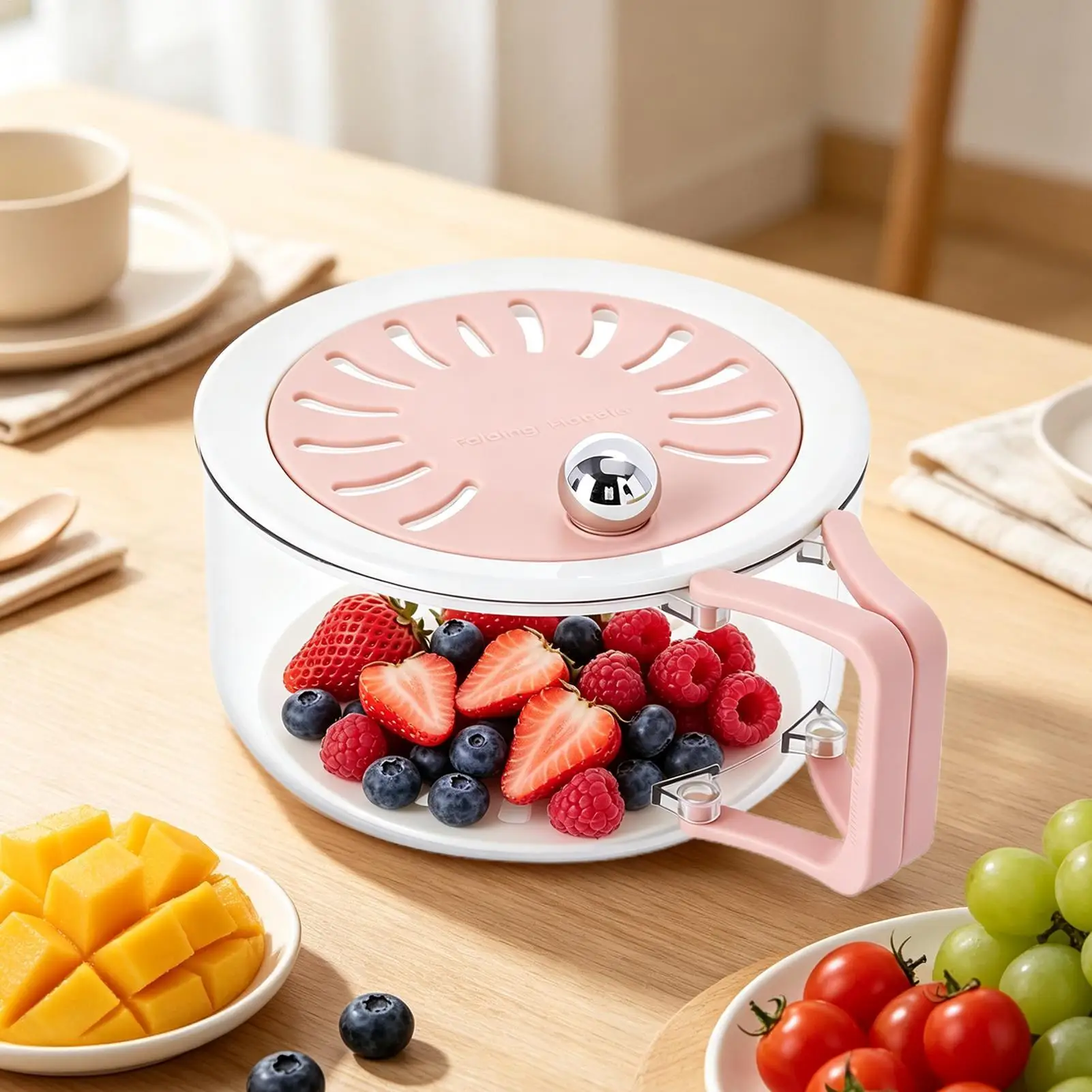 Fruit Strainer Container Double Layer Drain Basket Fruit Drainer Container with Foldable Handle Food Strainer Cleaning Bowl