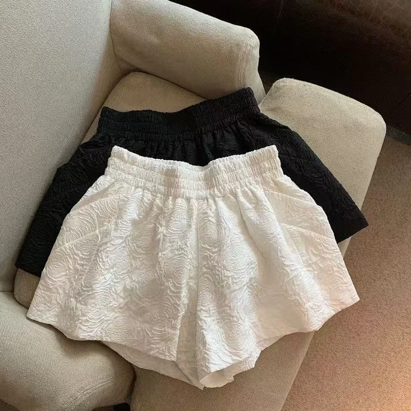 ブラックホワイトジャカードショーツ レディース 2025 夏 ウエストゴム ハイウエスト ポケット ワイドレッグショーツ ストリートウェア ハーフパンツ