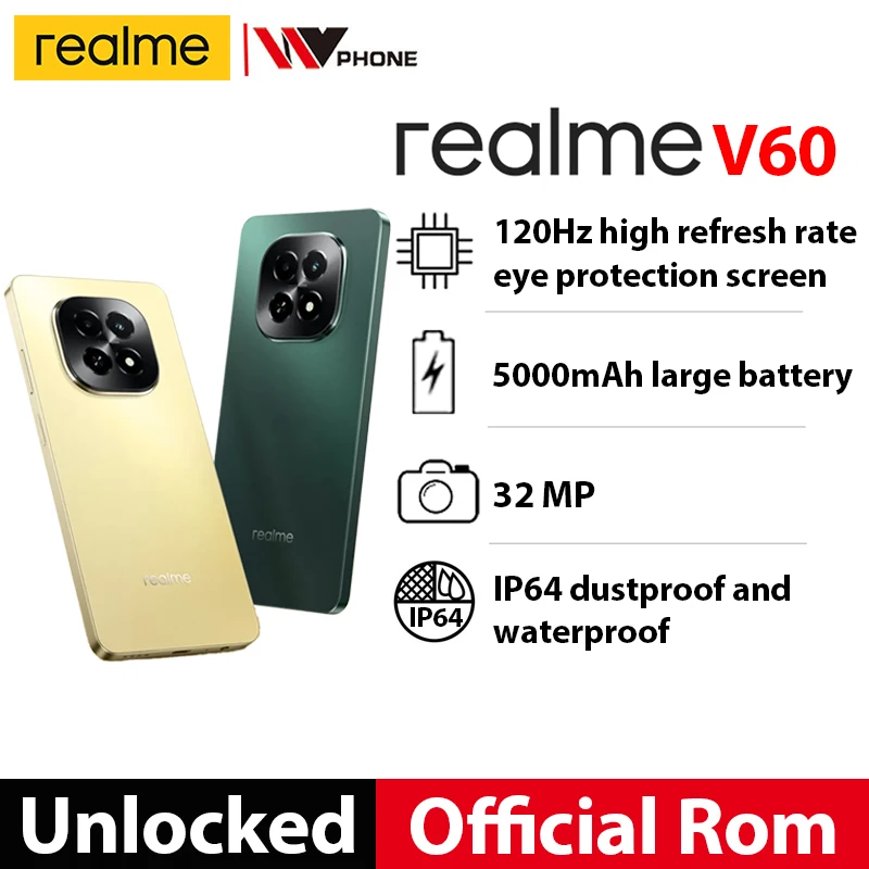 Unlocked Original realme V60 5000mtAh Large Battery 120Hz 32MP Camera 7.94mm Ultrathin Smartphone IP64 Dustproof and Waterproof