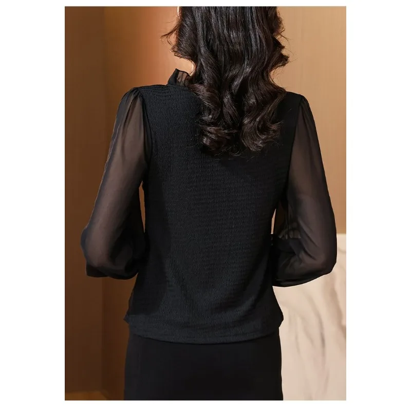 2025 الخريف والشتاء جديد الفرنسية الرجعية الشيفون الخصر الوقوف طوق بلوفر أنيق مزاجه عادية قاع للنساء #5