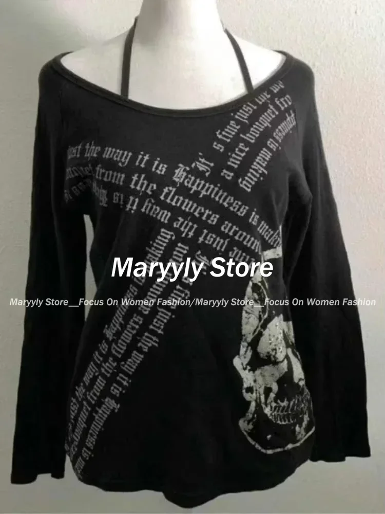 Vintage Gothic T-shirts Women Y2k Black Punk Graphic T-shirt Grunge Retro Sexy V-neck Cotton Tees Aesthetic Harajuku Tops New image 5