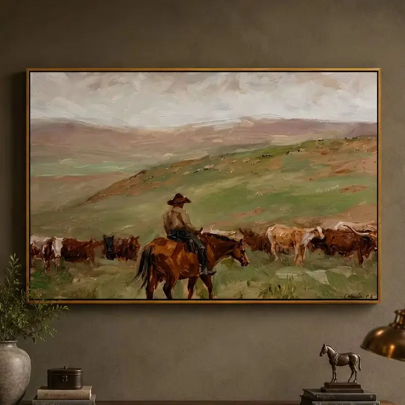The Long Drive – Vintage Americana Cowboy Cattle Drive Painting for Bedroom, Living Room, Office & Interior Space