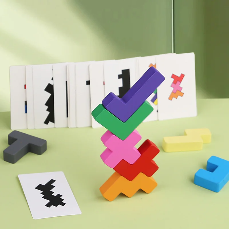 Wooden Shadow Matching Puzzle Montessori Colorful Building Blocks with Card Geometric Shape Sorting Toy Kids Early Learning Game