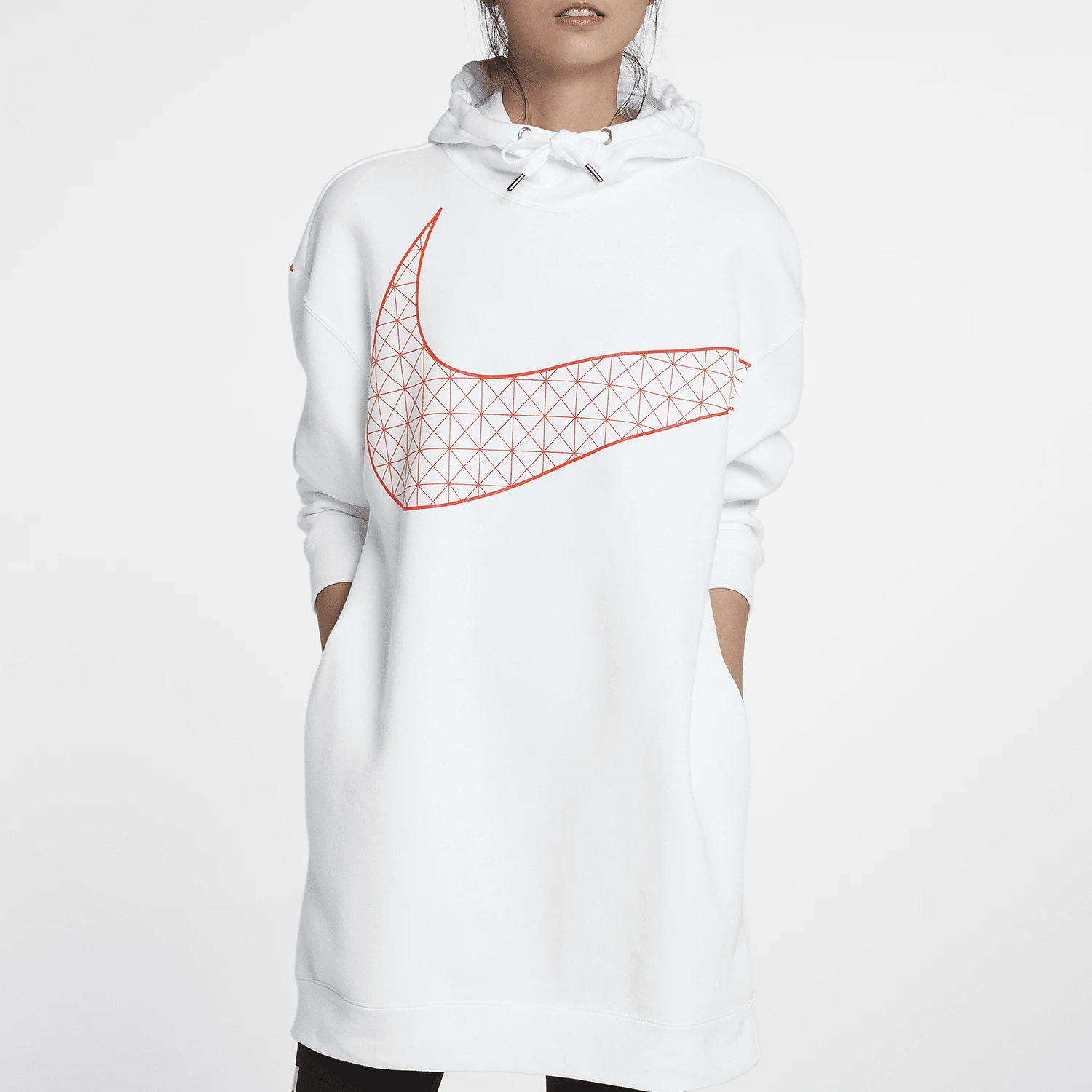 

Оригинальная женская повседневная спортивная толстовка Nike с капюшоном и большим логотипом средней длины, модель BV5984-100.