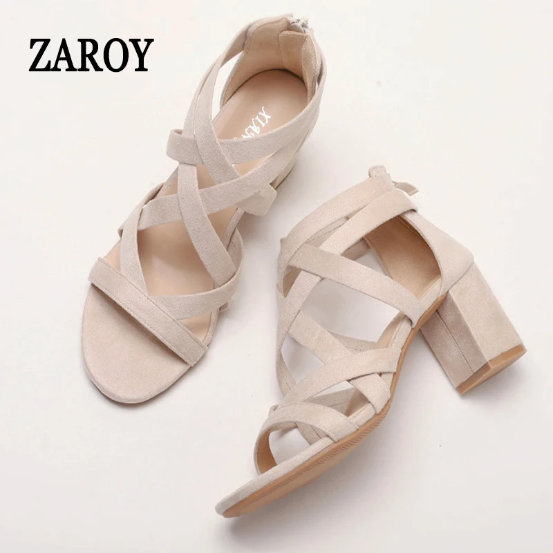 

ZAROY Suede Heels Women's Sandals Summer Open Toe Narrow Band Hollow Square High Heel Banquet Dress Shoes Party Office Pumps