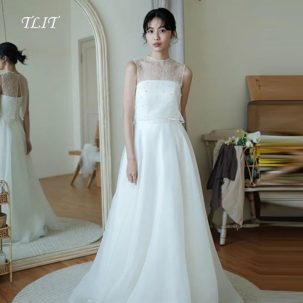 TLIT elegante witte zijde organza a-lijn trouwjurk o-hals parels korset bruidsjurk korea bruidsjurk foto's schieten aangepast