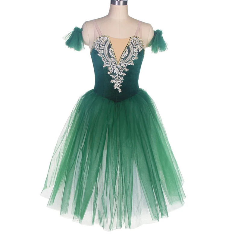 Robe de Ballet de Performance Verte pour Enfant et Adulte, Tenue de Compétition Professionnelle, en Fil, Pengpeng