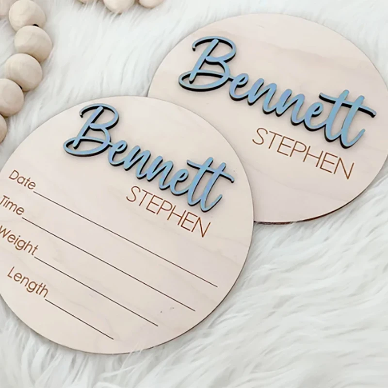 Custom Baby Name Wooden Birth Sign, Personalized Round Newborn Name Plaque, Baby Shower Gift for Baby Photo Prop Nursery Decor