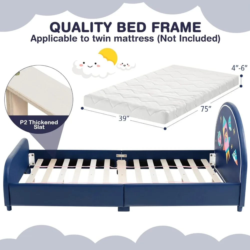 HONEY JOY Twin Bed Frames for Kids, Toddler Wooden Twin Bed Platform with Headboard & Slat Base, No Box Spring Needed