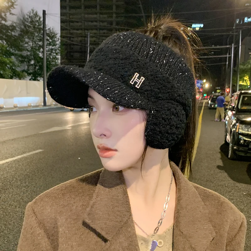 K329-Hat Women\'s Winter Riding Knitted Ear-proof Duck Tongue Hat Fashion Versatile Plush Warm Hollow Top Ear Cap Women\'s Hat